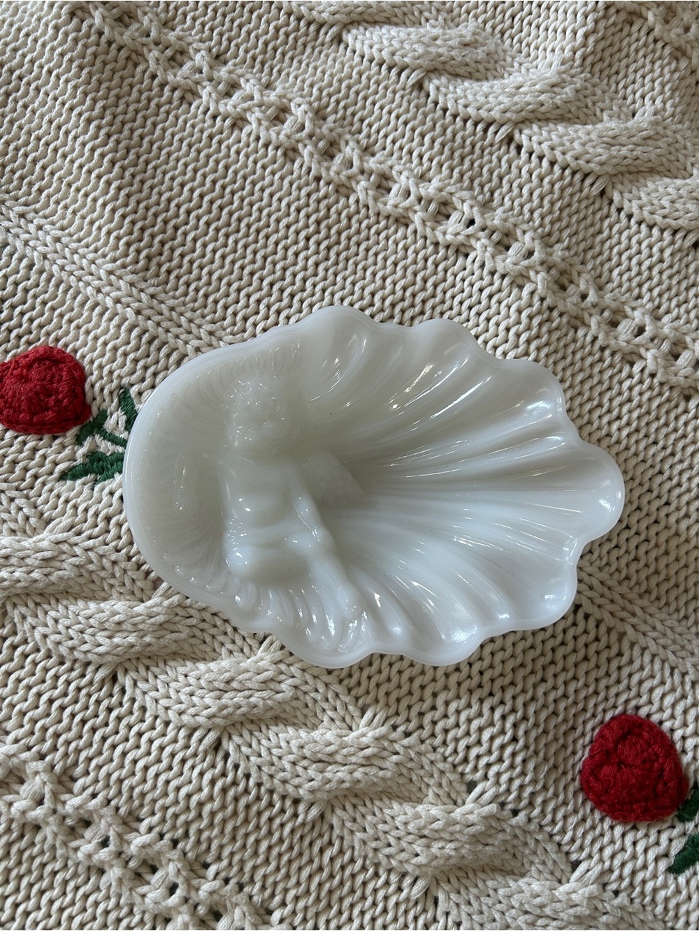 White Milk Glass Shell Dish with Cherub
